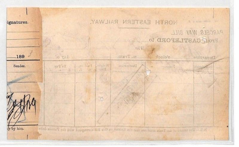 CB260 1893 GB RAILWAY Castleford Station Way Bill *CONVEYED VIA NORMANTON* Yorks