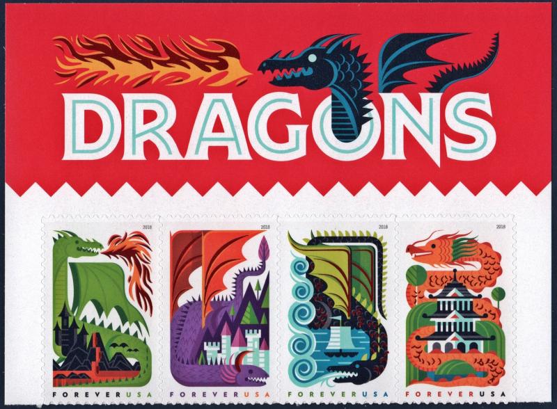 SC#5307-10 (50¢) Dragons Header Strip of Four (2018) SA