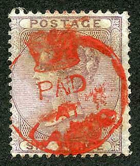 Lagos GB 6d Lilac cancelled Paid/at/Lagos Crowned circle in Red Only 2 Recorded