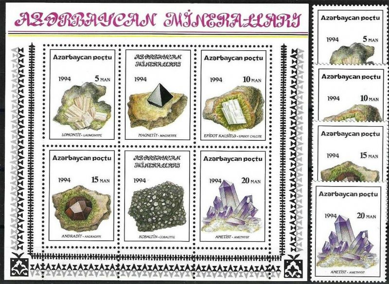 1994 Azerbaijan Beautiful Minerals and Gemstones, Sheet+complete set VF/MNH! 