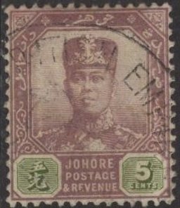 Malaya: Johore “63” [or 80?] (used) 5c Sultan Ibrahim, vio & ol grn (1904)