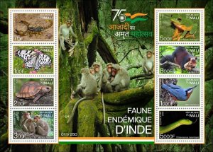 MALI 2022 SHEET INDIA BIRD APES MONKEY FROGS SNAKE TURTLE BUTTERFLY SCORPION MNH-