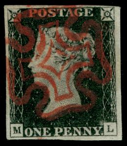 SG2, 1d black PLATE 2, FINE USED. Cat £400. RED MX. 4 MARGINS. ML