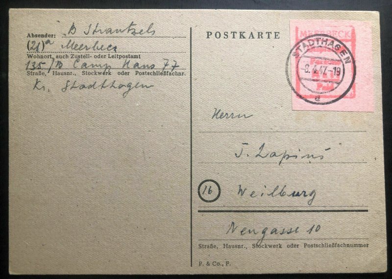 1947 Meerbeck Stadthagen Germany Displaced Person DP Camp PC Cover to Weilburg B