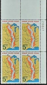 US Scott # 1319; 5c Great River Road, 1966; MNH, og; VF; plate block of 4