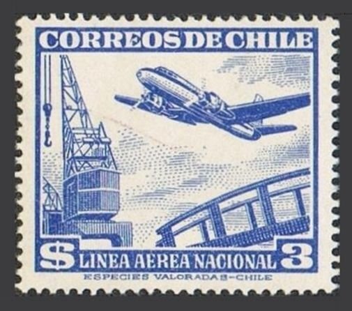 Chile C160 two stamps, MNH. Michel 484. Air Post 1951. Plane and dock crane.
