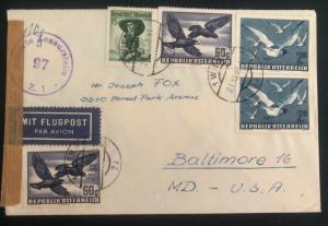 1952 Vienna Austria Airmail Censored Cover To Baltimore USA Stamp Sc#c54 56