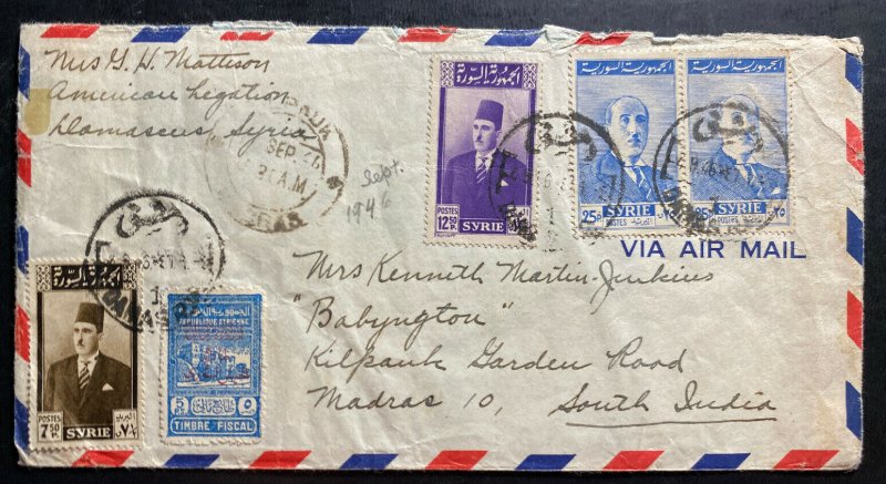 1946 Damascus LEbanon American Legation Airmail Cover to Madras India Tax Stamp