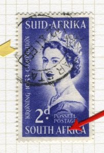 SOUTH AFRICA; 1953 QEII Coronation issue 2d. fine used PLATE FLAW value