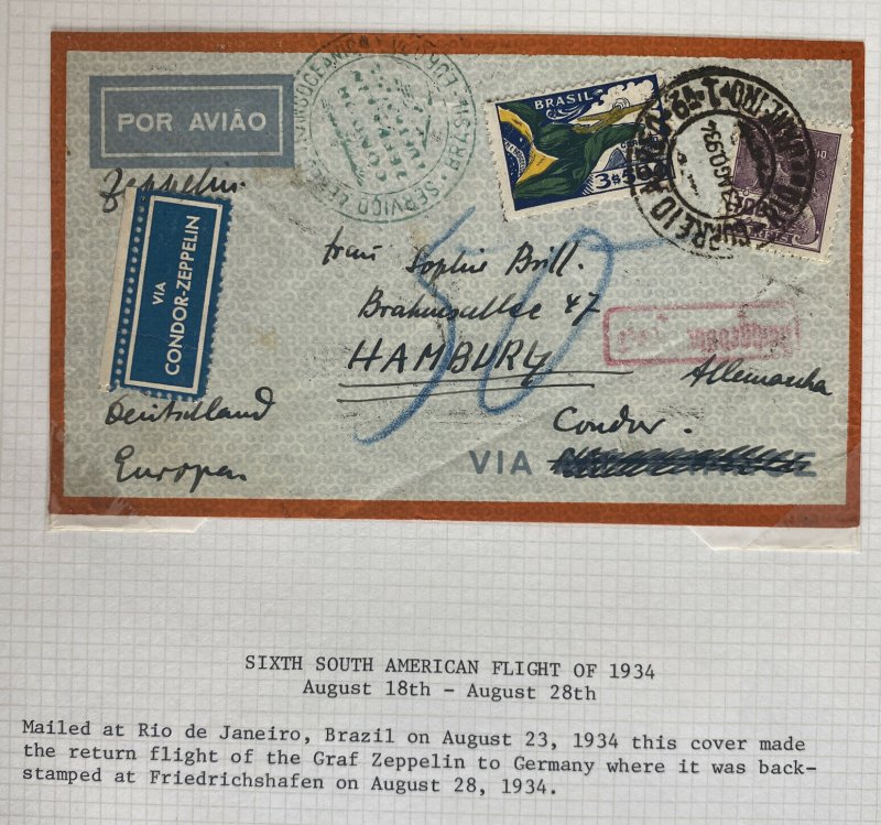 1934 Brazil Graf Zeppelin LZ 127 Condor Flight Airmail Cover to Germany