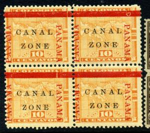Canal Zone 13b Unused Block of 4 Stamps w/Antique ZONE Variety (CZ13-53)
