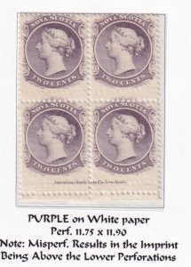 NOVA SCOTIA # 9 VF-MNH BLOCK 2cts PART INSCRIPTION MISPERF ABOVE LOWER PERFS