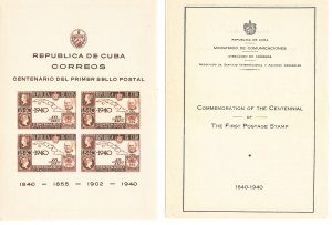 Cuba C33 MNH 1940 Sir Rowland Hill & Map IMPERF Souvenir Sheet of 4 W/Folder VF