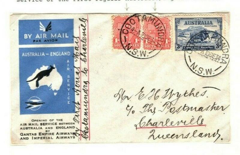 AUSTRALIA Internal Air Mail *Cootamundra to Charleville* FRANKING Cover 1934 PA2