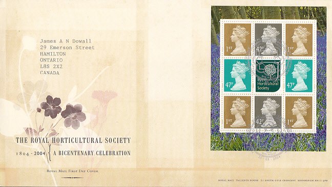 Great Britain 2004 FDC Sc #MH287d Pane of 8, label Royal Horticultural 200 years