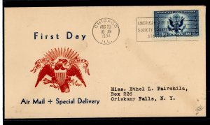 US CE1 1934 16 cent Airmail, special delivery stamp (great seal of the US) single on an addressed (typed) First Day Cover with a