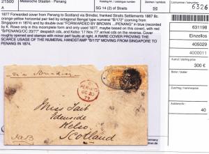 MALAYA STRAITS 1867 8C PAIR PENANG TO UK.RARE B172 POSTMARK MOVE FROM SINGAPORE