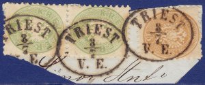 Austria - 1863-1864 - Scott #23 (pair),25 - used on piece - TRIEST pmk Italy