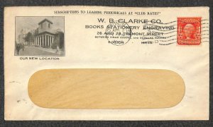USA SCOTT #319 STAMP W.B. CLARKE BOOKS BOSTON MASSACHUSETTS AD COVER 1905