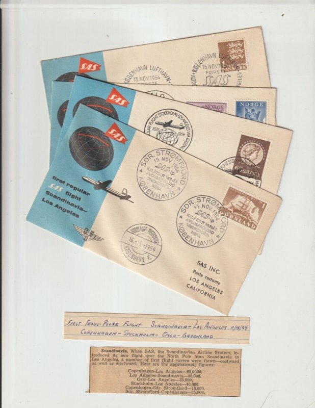 SAS First Trans Polar FIRST FLIGHT Scandinavia Los Angeles Collection 4 Covers