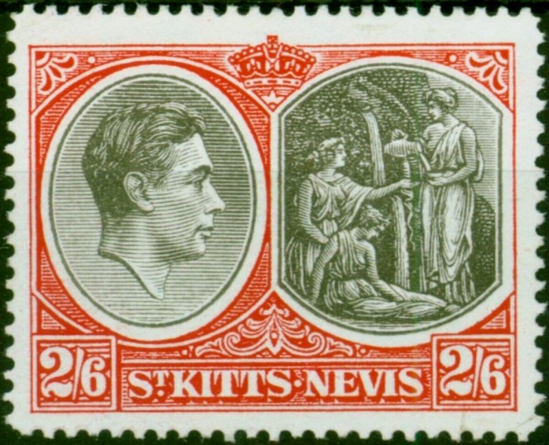 St Kitts Nevis 1943 2s6d Black & Scarlet SG76a P.14 Chalk Fine & Fresh LMM