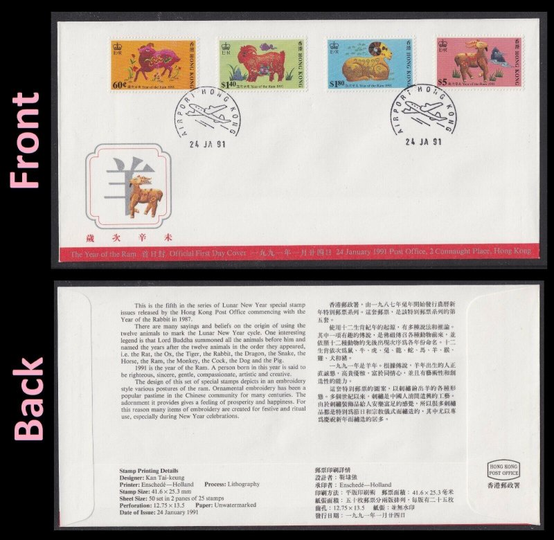 Hong Kong Lunar New Year Ram FDC (Airport Postmark) 1991