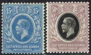 EAST AFRICA AND UGANDA 1921 KGV 15C AND 50C WMK MULTI SCRIPT CA