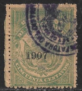 EL SALVADOR 1907 50c ARMS Municipal Revenue Type II Ovpt Ross M119 VFU