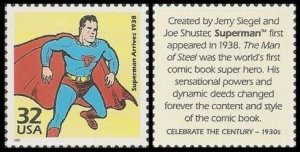 1998 Superman Arrives Single 32c Postage Stamp, Sc# 3185f, MNH, OG