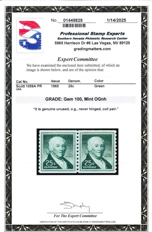 MOstamps - US #1059A Mint OG NH PR Grade 100 with PSE cert-Lot #MO-5607 SMQ $275
