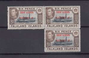 South Georgia KGVI 1944 6d Blue Black Shade Block Of 3 MNH BP2709