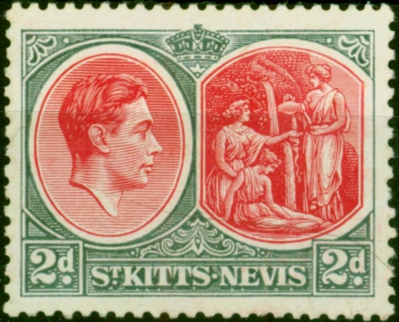 St Kitts & Nevis 1941 2d Scarlet & Grey SG71a Chalk Fine Mtd Mint (2) 