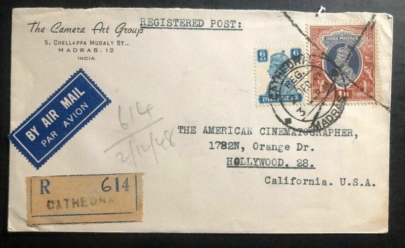 1948 Madras India Airmail Camera Art Group Cover To Hollywood CA USA