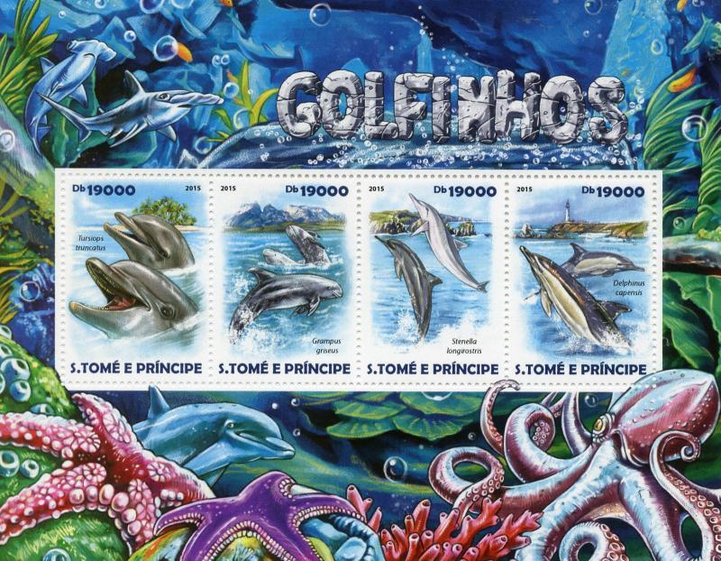 Sao Tome & Principe Dolphins Stamps 2015 MNH Marine Animals Mammals 4v M/S