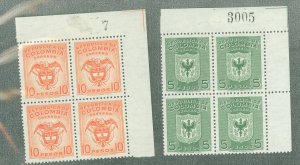 Colombia #592-593 Unused Plate Block