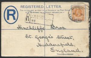 SIERRA LEONE 1920 GV 2d small registered envelope used to UK...............56808