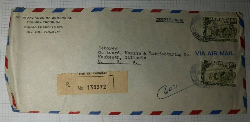 Paraguay REgistered Airmail Cover to USA Etiquette Label Waukegen IL 1955 Sc#226