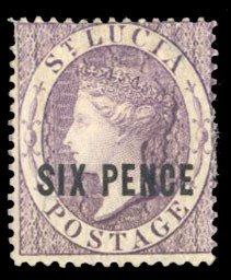 St. Lucia #22 Cat$50, 1881 6p violet, hinged, faint thin