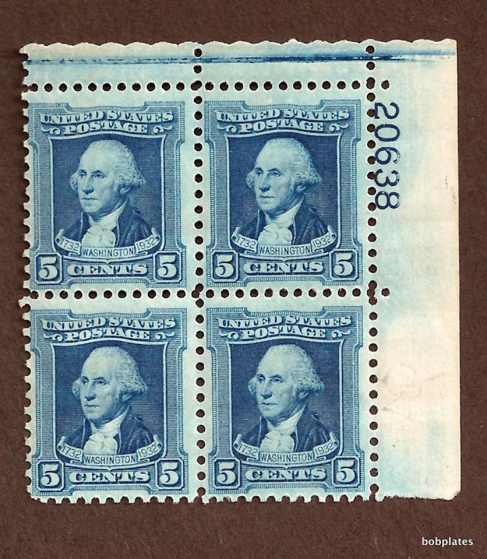 US #710 Wash Bi Upper Right Plate Block 20638 F-VF NH SCV= $25