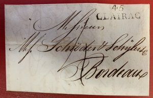 France, 1820 Stampless Cover/2 Page Folded Letter, sent from Clairac to Bordeaux