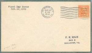 US 723 (1932) 6c Garfield(fourth bureau definitive) coil (single) on an addressed(handstamp) uncacheted First Day cover with a L