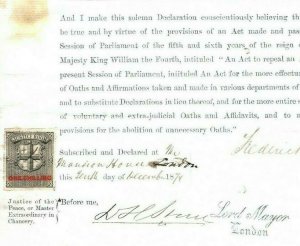GB REVENUE India Railway *JUSTICE ROOM* 1s Signed LORD MAYOR London 1874 MS3769