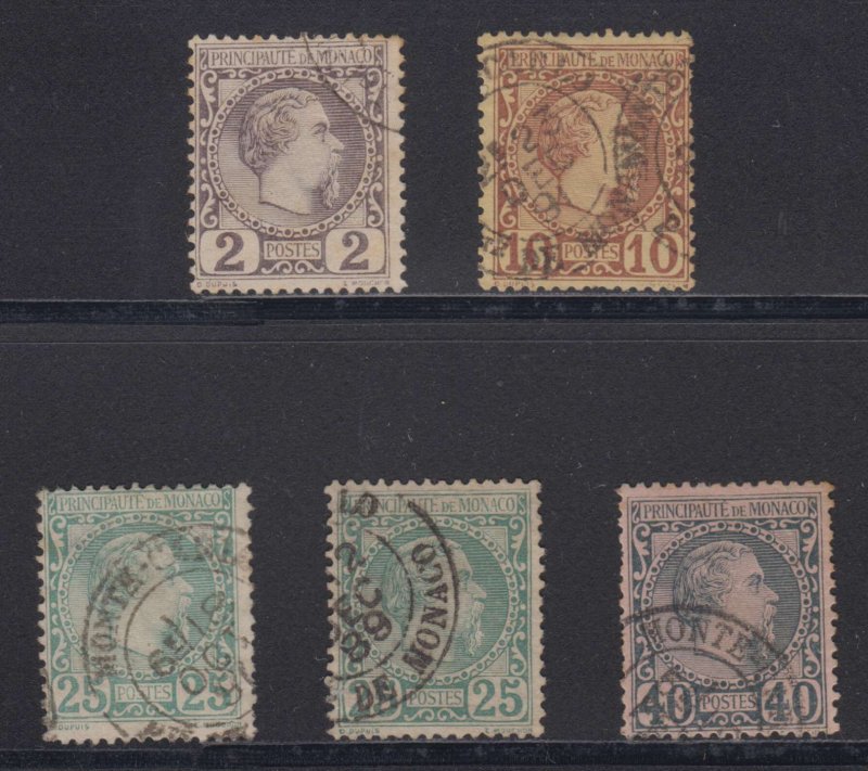 MONACO 1885 issue Sc 2, 4, 6 (2x) & 7 USED FINE OR BETTER SCV$262.50