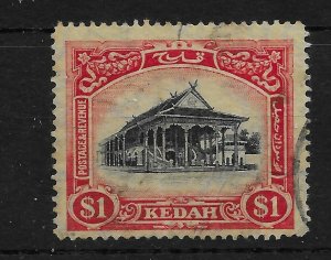 MALAYA KEDAH SG37 1924 $1 BLACK & RED ON YELLOW USED