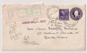 3c Prexie #842 coil entire sent airmail w/ Due Meter Stamp