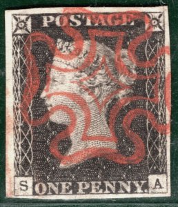 GB PENNY BLACK QV 1840 Stamp SG.2 1d Plate 2 (SA) Superb RED MX {samwells}YOR8