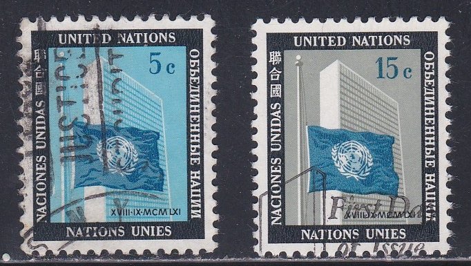 United Nations - New York # 108-109, Flag & UN Building, Used, 1/3 Cat.