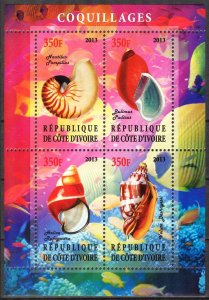 Ivory Coast 2013 Marine Life Shells Sheet MNH** Cinderella !