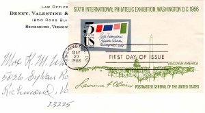 USA 1966 FDC Sc 1311 Sixth International Philatelic No Cachet First Day Cover 5c