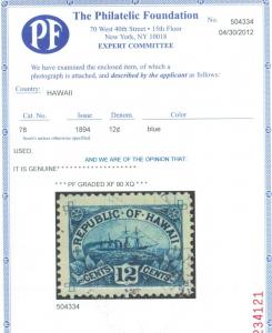 Hawaii #78 Extra Fine Used With Graded 90 Certificate